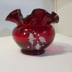 Fenton Ruby Red Cranberry Ruffled Vase Bowl Signed Art Glass